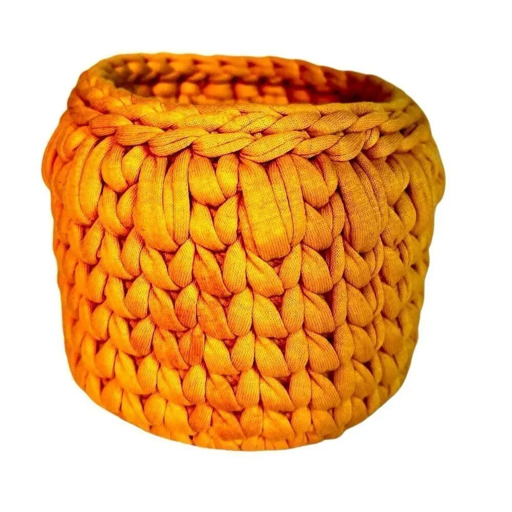 Small Crochet Basket, Eco Storage Basket, Handmade Golden Yellow Wood Bottom